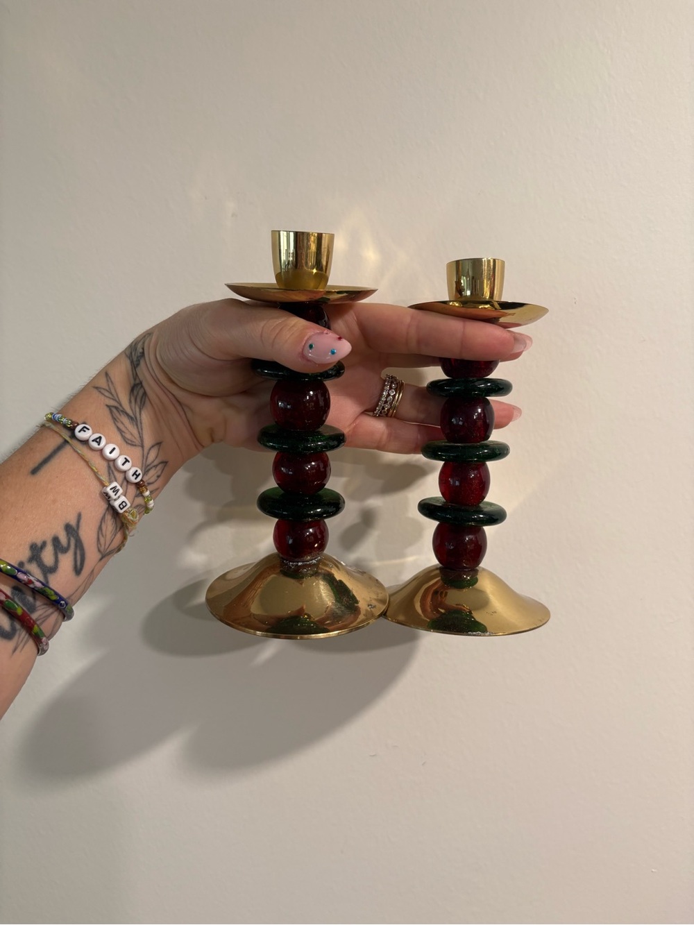Vintage Christmas Candlestick Holders Pair Brass Red and Green Glass Beaded